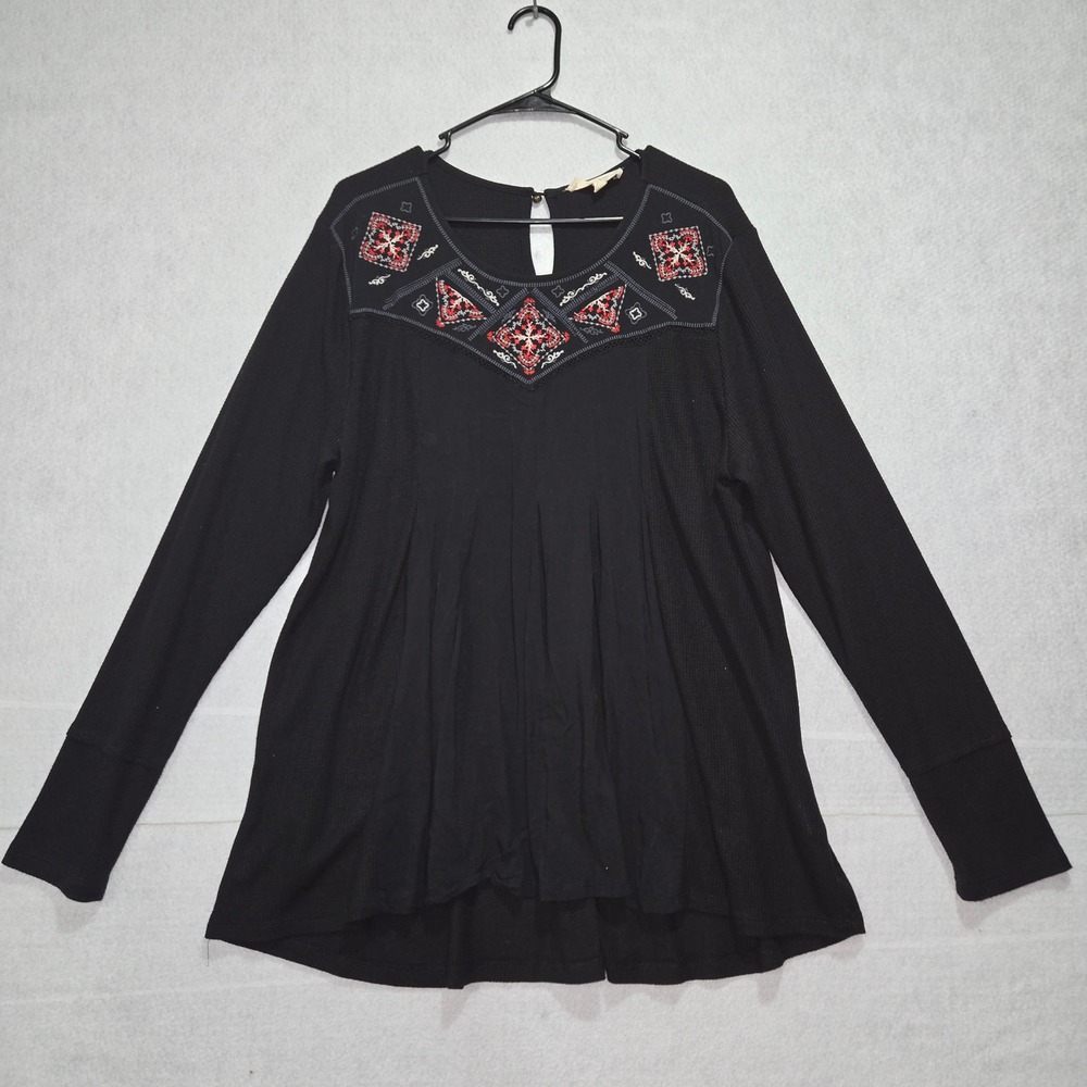 Alchemy‎ Thread Black Waffle Knit Embroidered Boho Tunic Top XXL